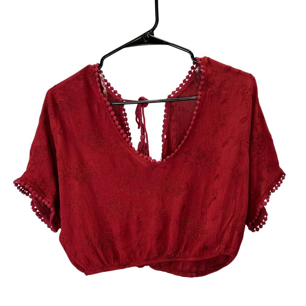 Current Project Crop Top S Tie Back Pom Trim Short Sleeve Elastic Hem Burgundy